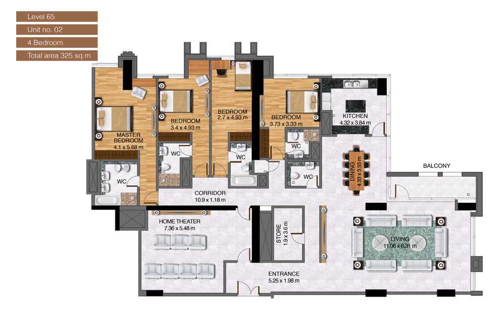 Level-65,Unit-no-2-,4-Bedroom-,Size-325-Sq m